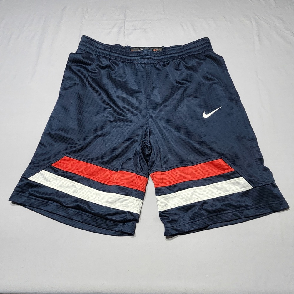 Nike Basketball Shorts Mens Medium Navy Blue Red White Striped Mesh Athletic